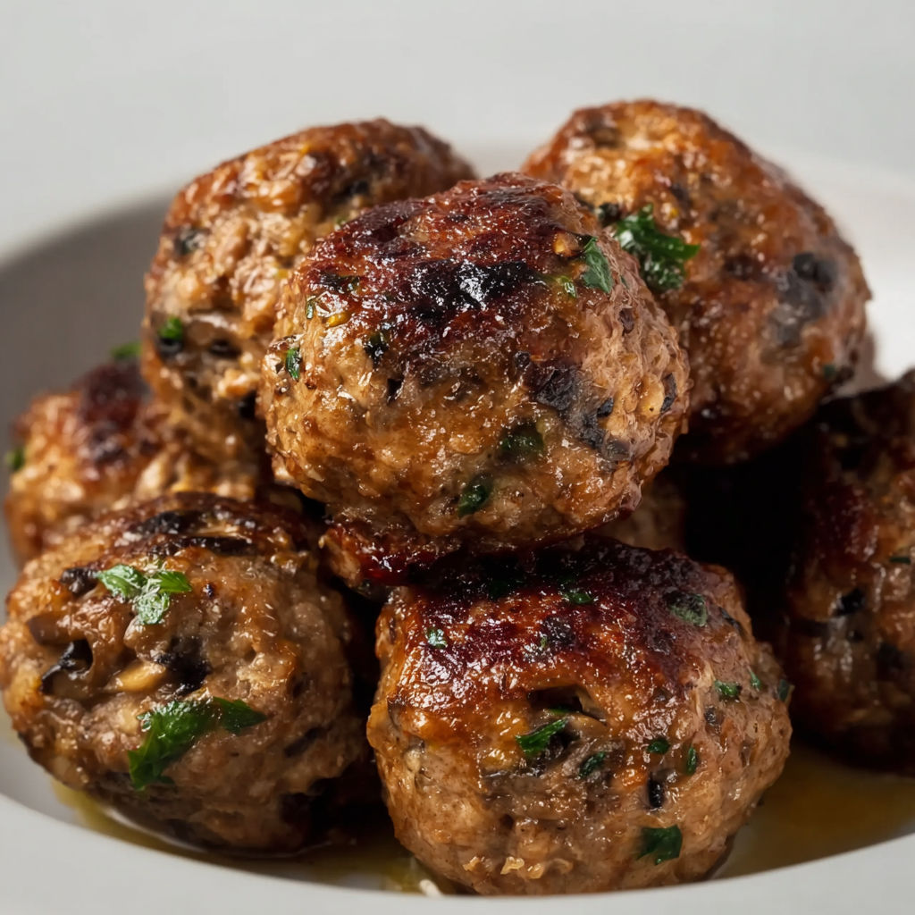 Boulettes faites maison aux champignons et à l’ail, ultra gourmandes et croustillantes.