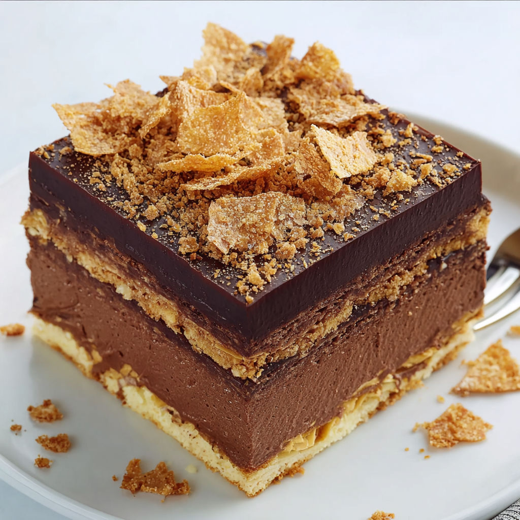 Un gâteau au chocolat et praliné croquant, servi sur un élégant plateau.