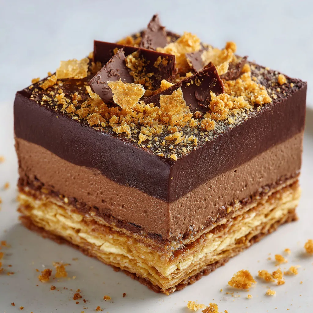 Gâteau façon Trianon praliné et chocolat noir, croustillant et ultra gourmand.