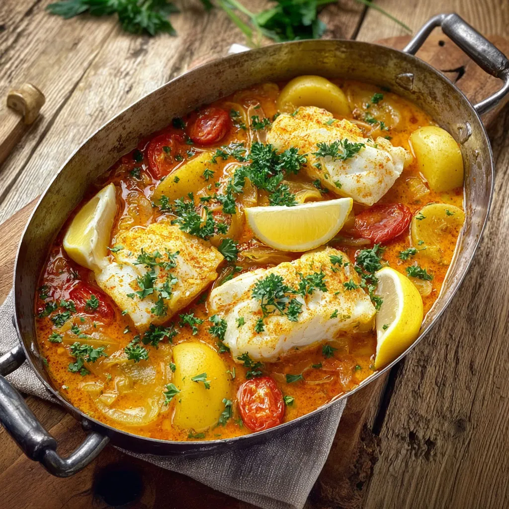 Un riche bouillon de morue servi dans une casserole avec des légumes.