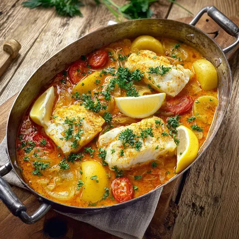 Un riche bouillon de morue servi dans une casserole avec des légumes.
