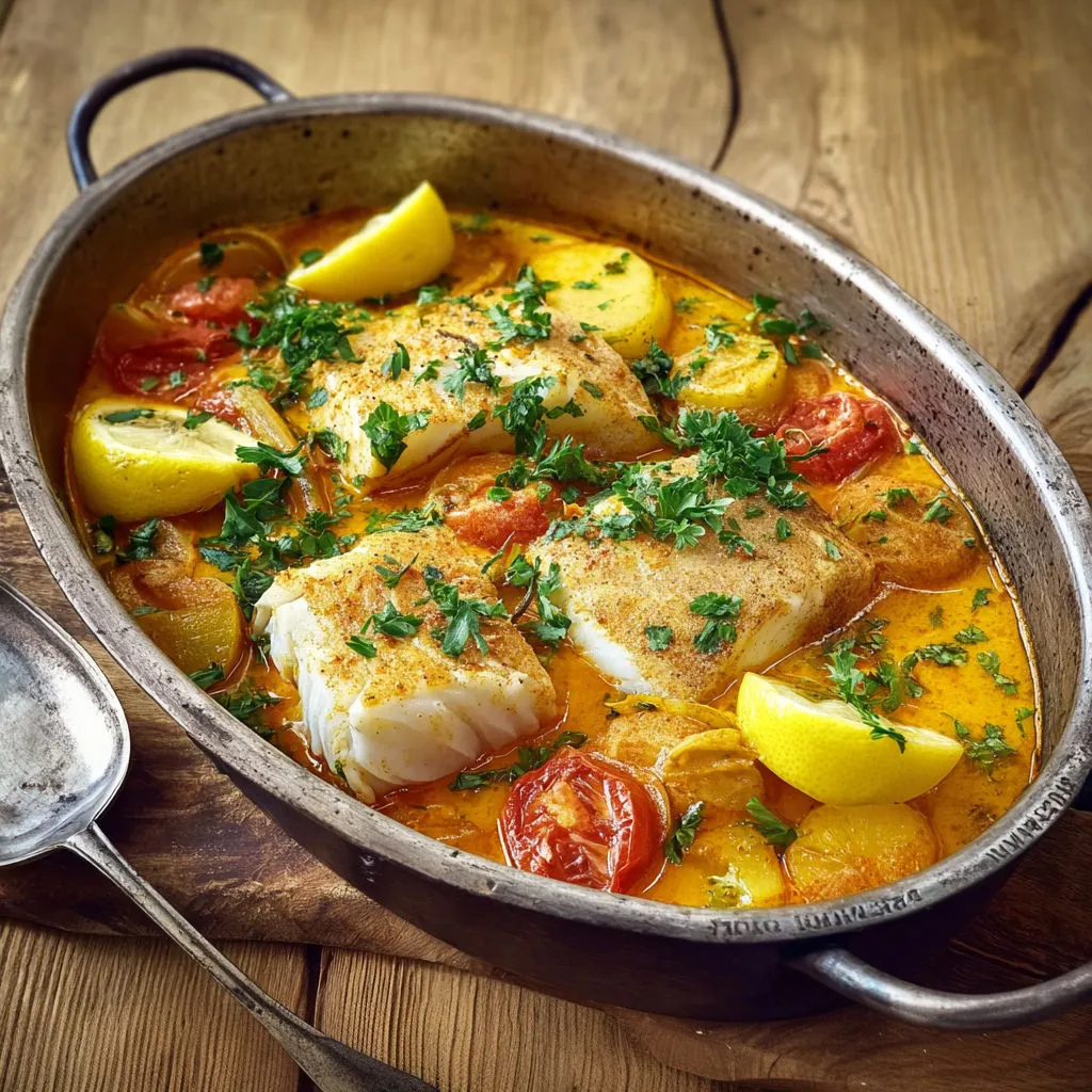 Une belle assiette de morue façon bouillabaisse aux herbes et safran tout droit venue du Sud.