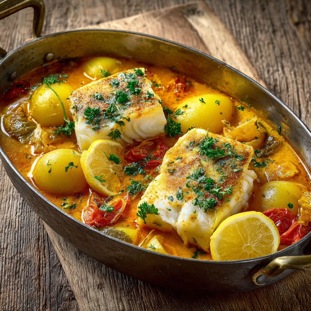 Morue parfumée, pommes de terre bien tendres et bouillon safrané juste comme il faut.