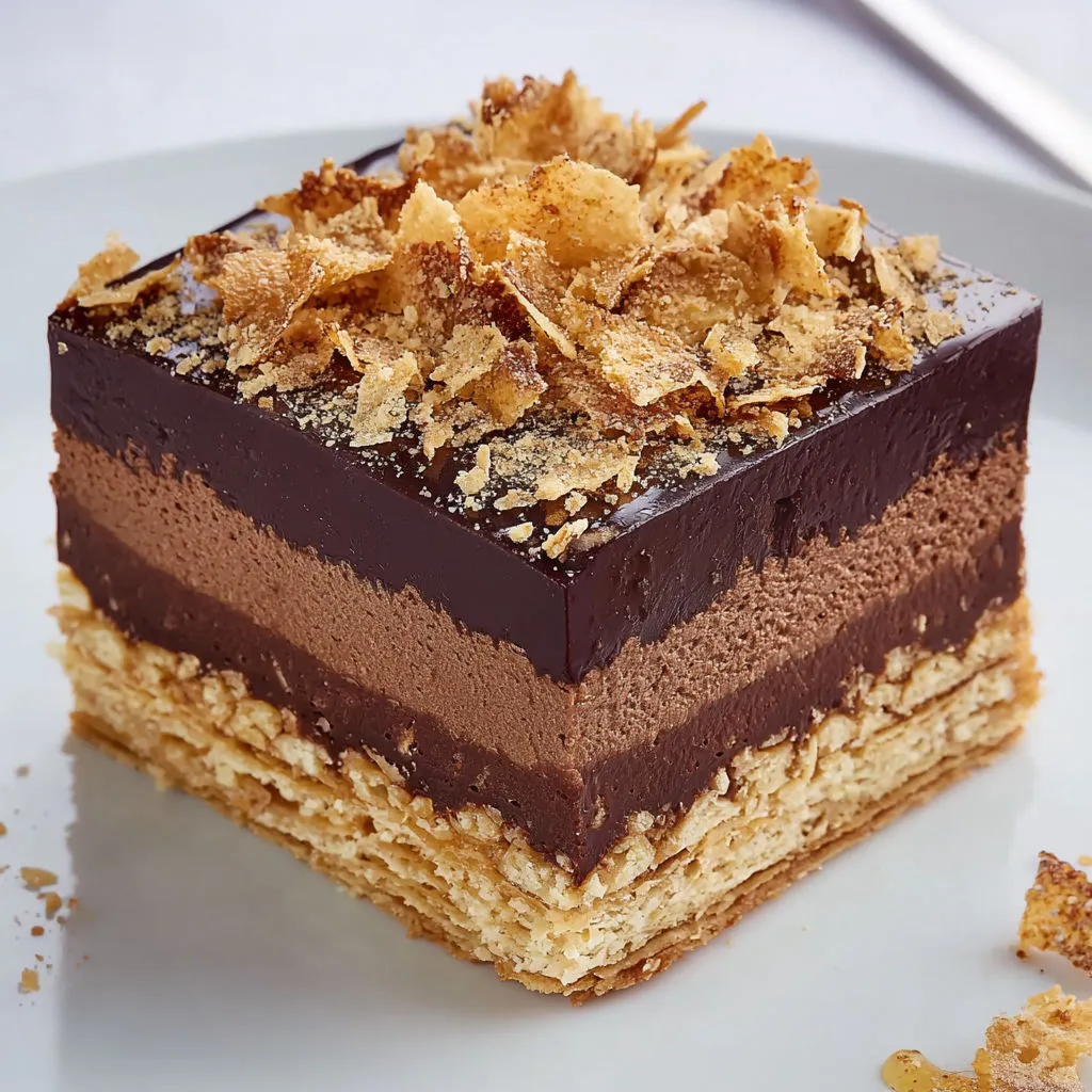Entremets chocolaté croustillant fondant, un dessert chic à couches gourmandes.