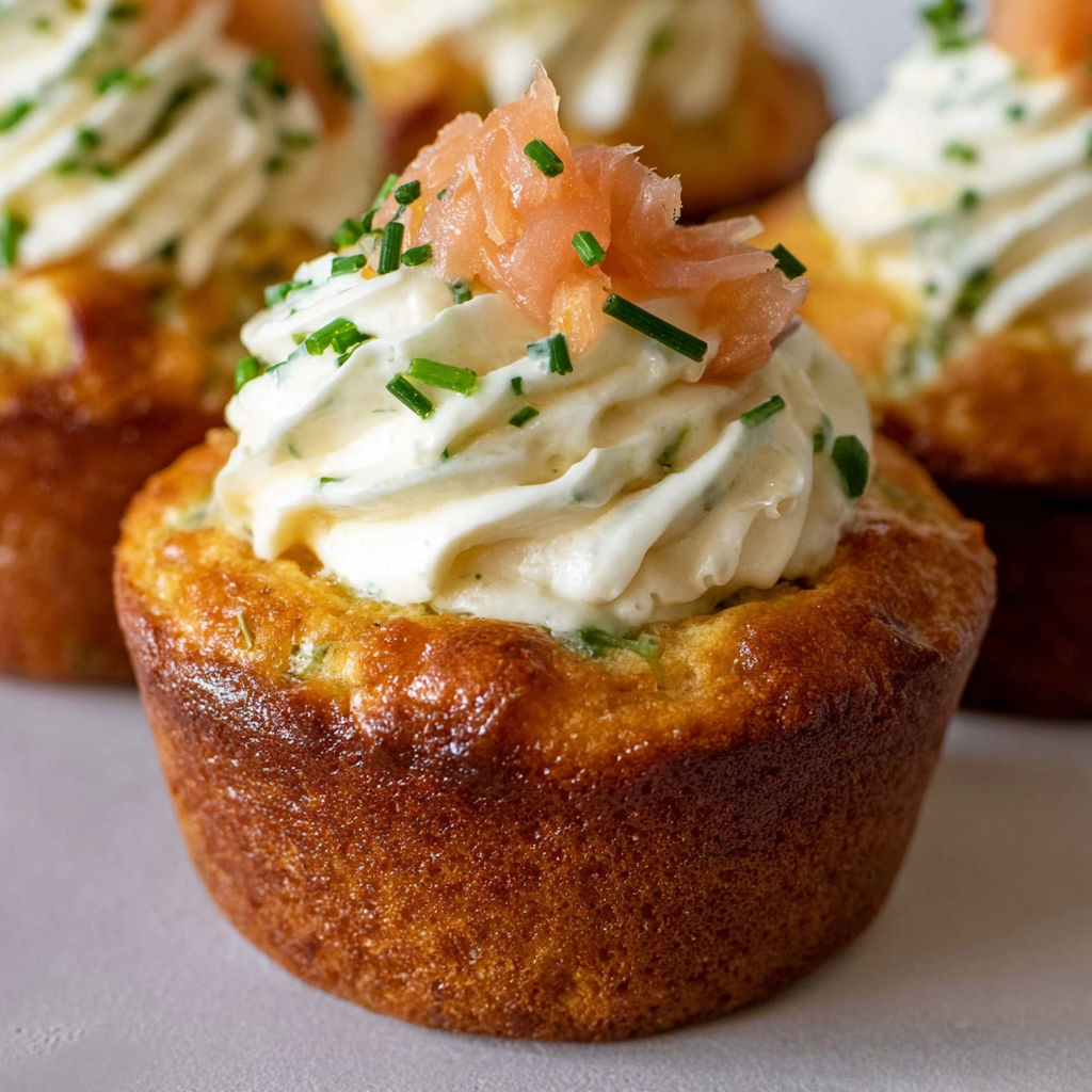 Cupcakes salés garnis de saumon et asperges dessus.