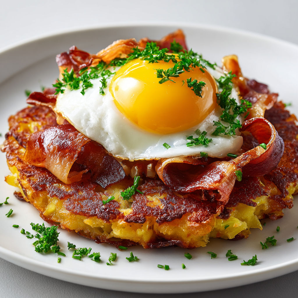 Galettes dorées pommes et bacon, oeufs nichés au centre.