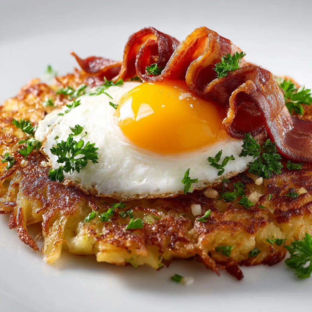 Œufs bacon galettes pommes et pomme, croustillant et ultra fondant.