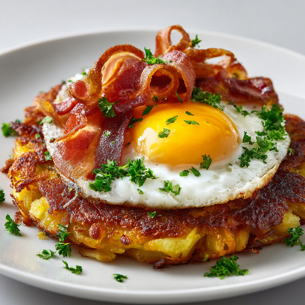 Galettes pommes de terre, pomme, oeuf coulant et bacon grillé, brunch extra gourmand.