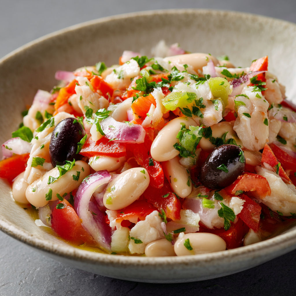 Empedrat catalan avec morue et haricots blancs, une salade fraîche et ensoleillée.