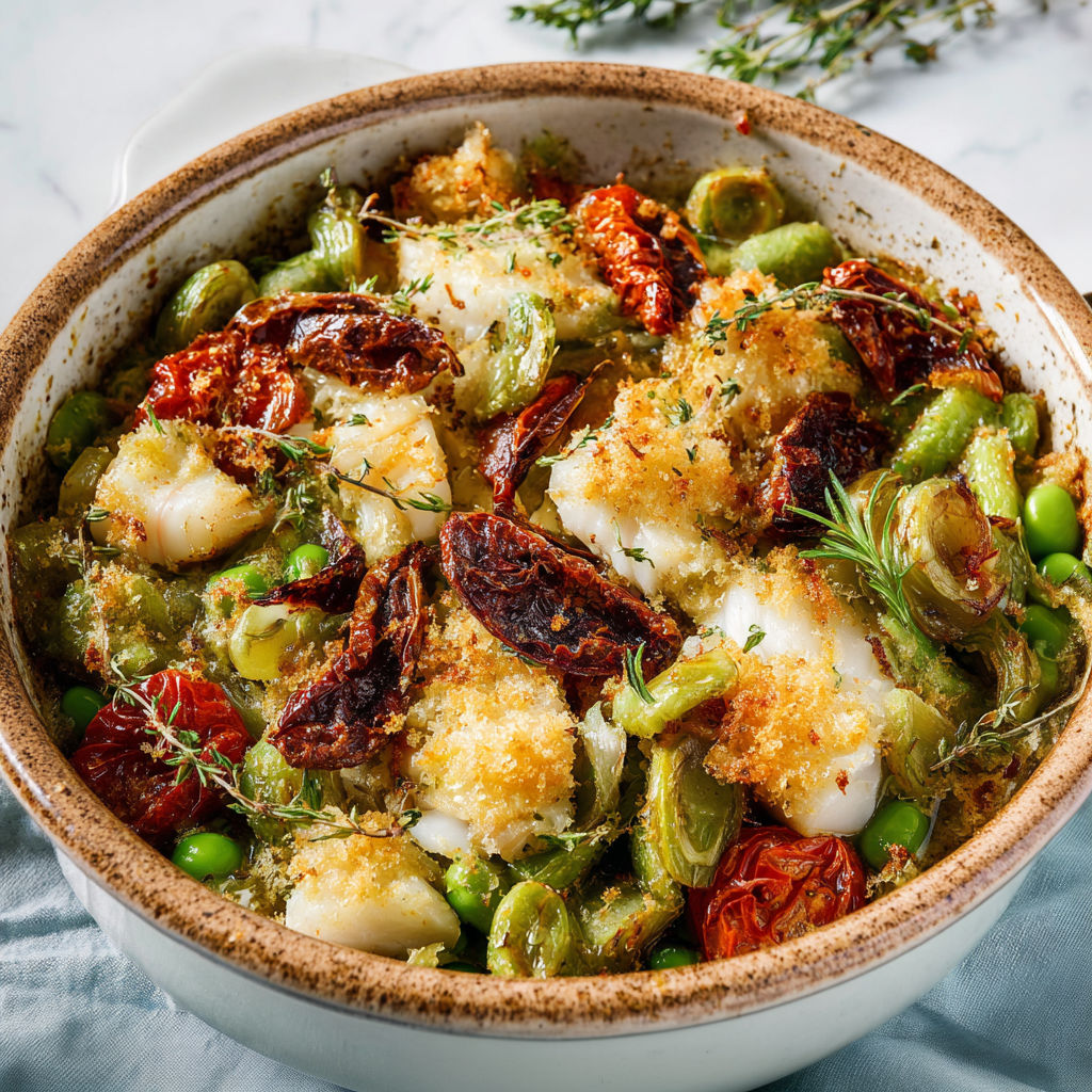 Morue fondante et fèves confites, plat maison savoureux servi dans un bol rustique.