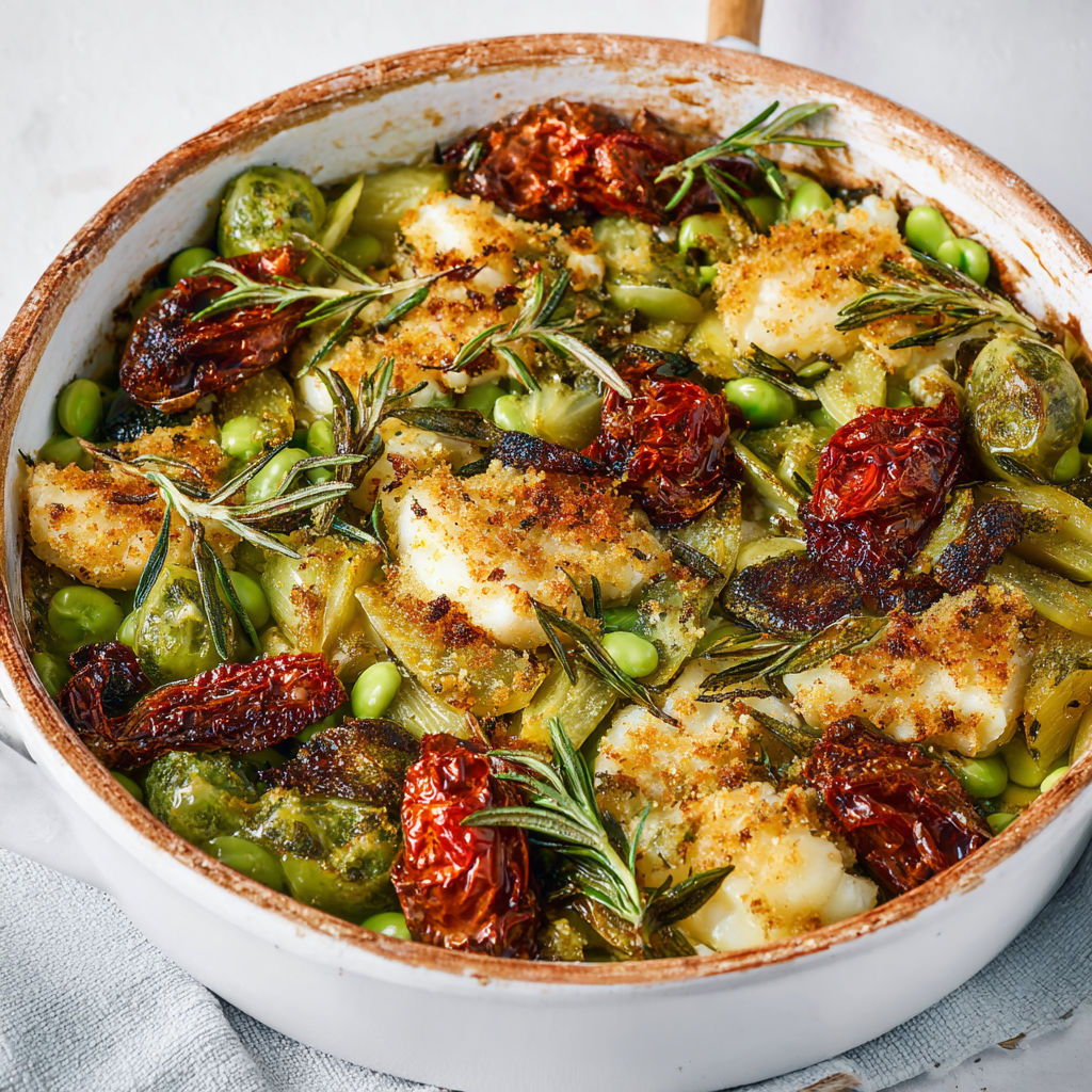 Morue et fèves façon Sud avec croûte dorée et parfum d'herbes.