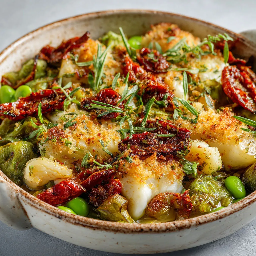 Morue gratinée aux fèves et tomates, version familiale et parfumée.