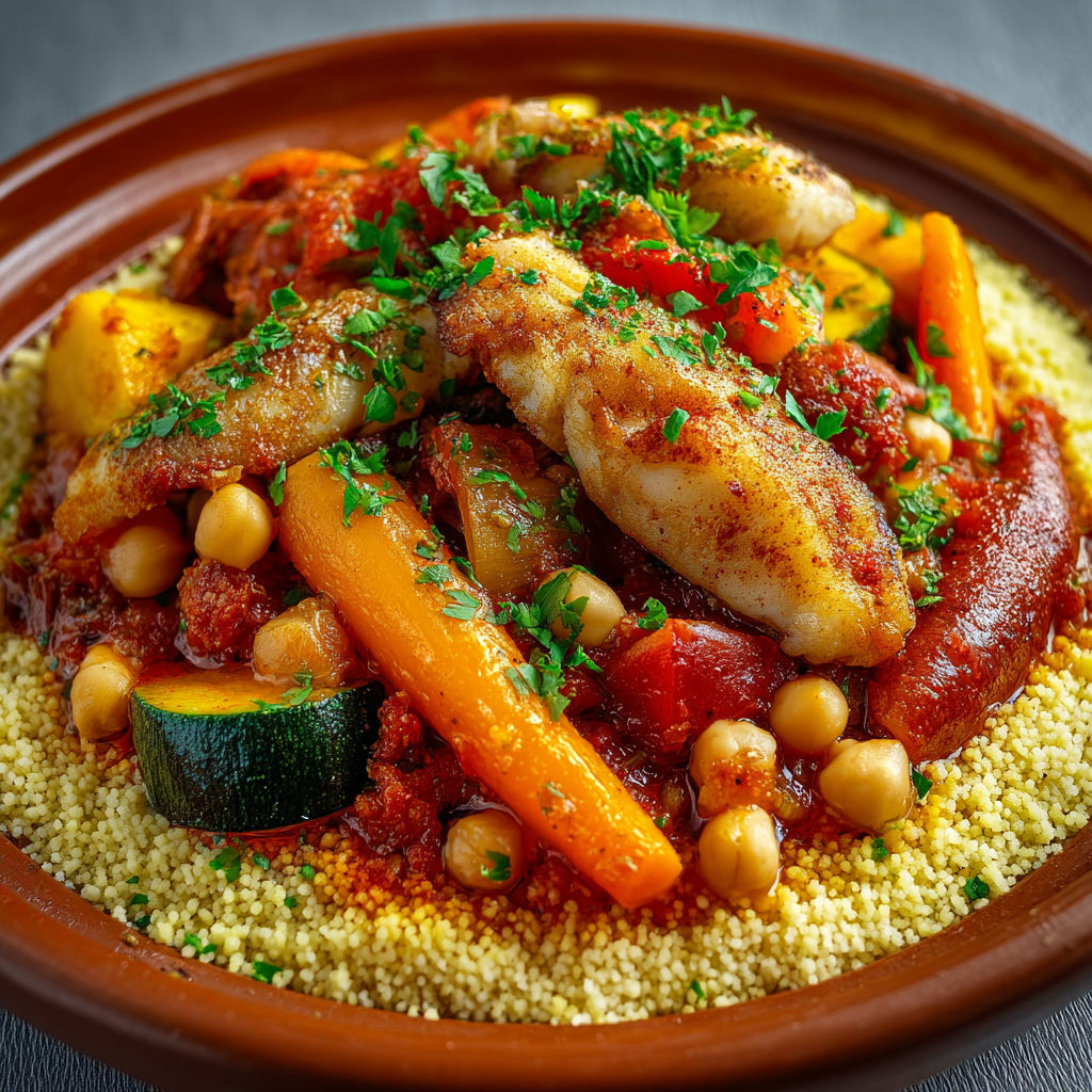 Assiette de lotte au couscous et légumes cuisinés avec des épices, placée sur une table colorée.