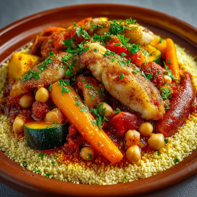 Assiette de lotte au couscous et légumes cuisinés avec des épices, placée sur une table colorée.