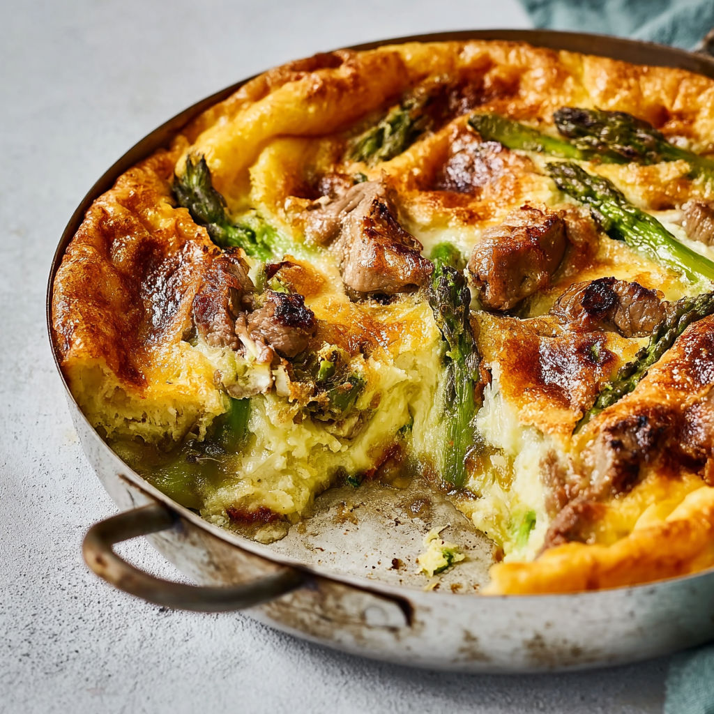 Tartelettes d'asperges vertes et agneau servies dans des ramequins.