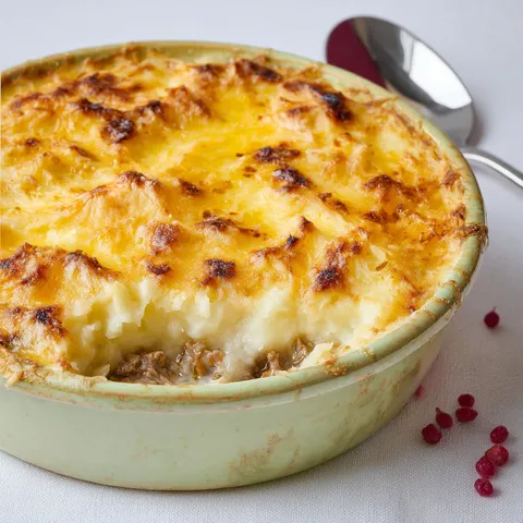 Un délicieux parmentier d'agneau, servi avec une purée crémeuse dans un bol vert.
