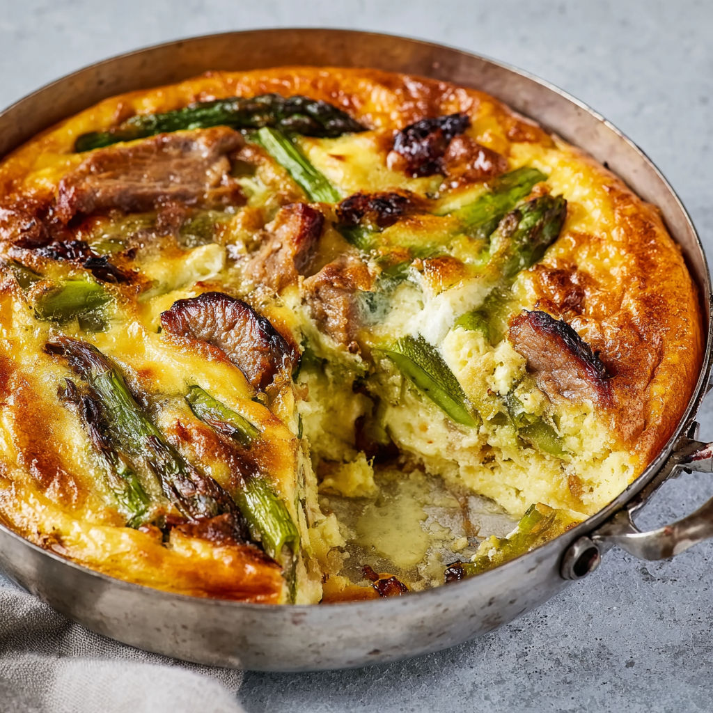 Clafoutis salé à l’agneau et asperges, crémeux et au bon goût de fromage de brebis.