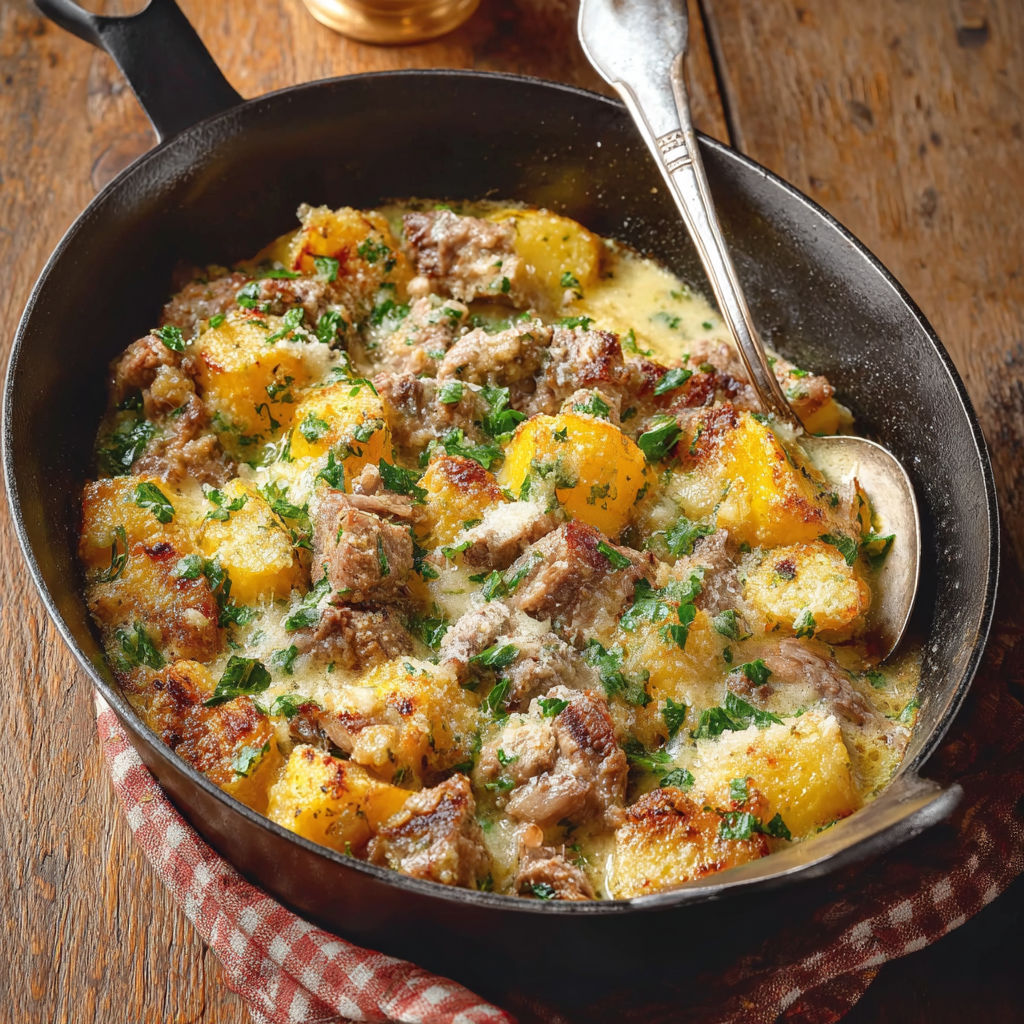 Un plat mijoté d'agneau au four accompagné de vin blanc et herbes, présenté en poêlon.