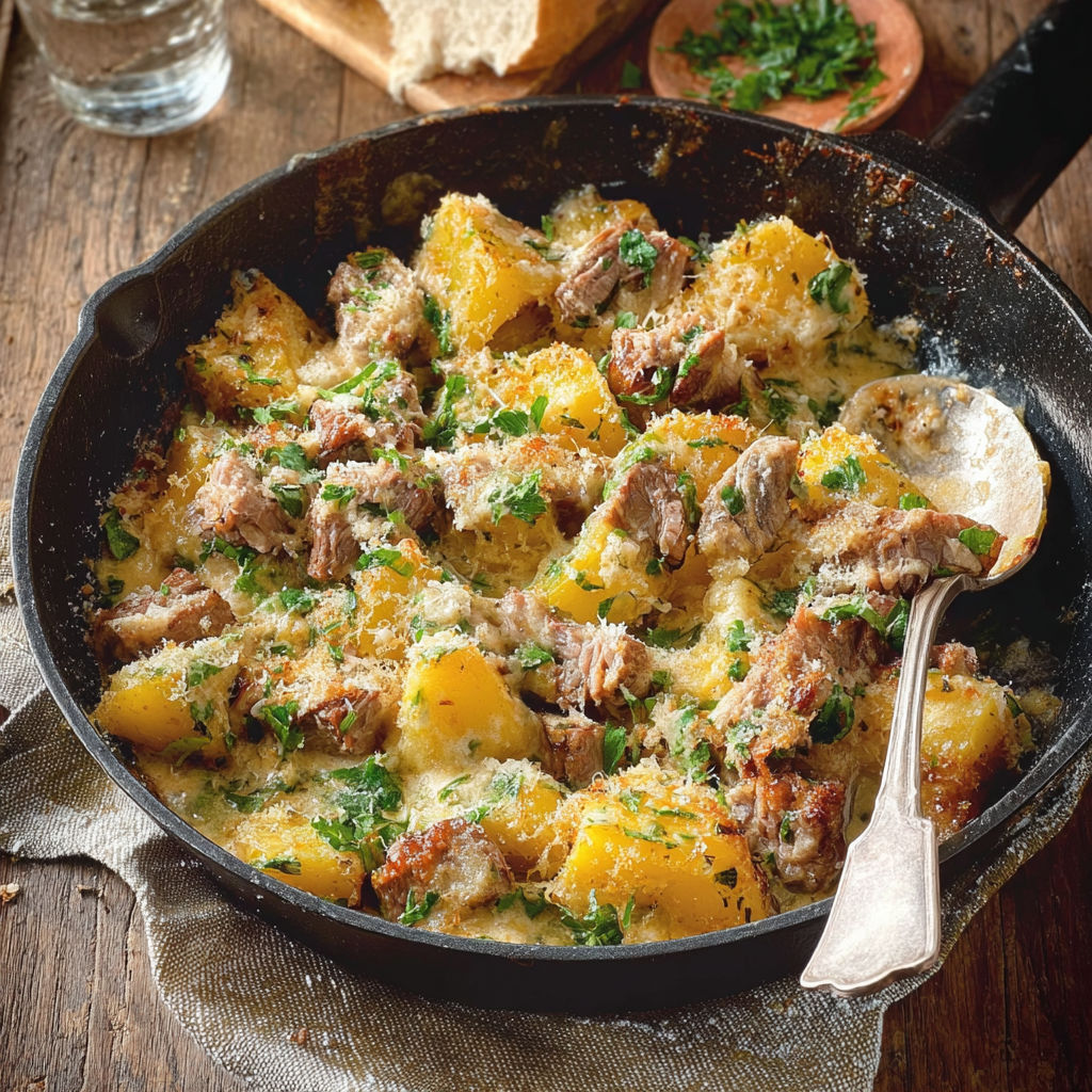 Agneau doré au vin blanc et pecorino fondant, gratin savoureux prêt à partager.