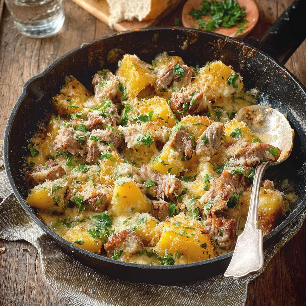Agneau doré au vin blanc et pecorino fondant, gratin savoureux prêt à partager.