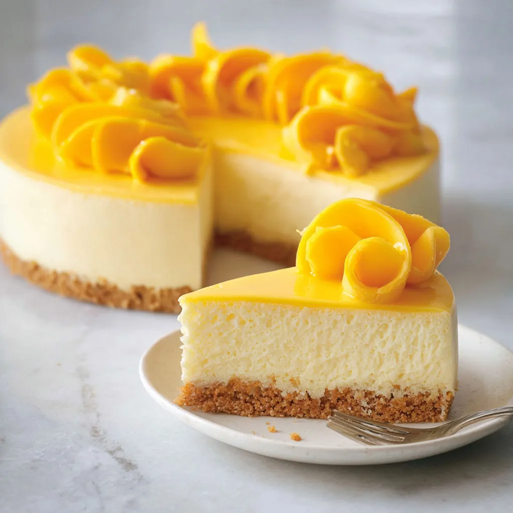 Gâteau mousse à la mangue et crème légère, dessert frais et chic.