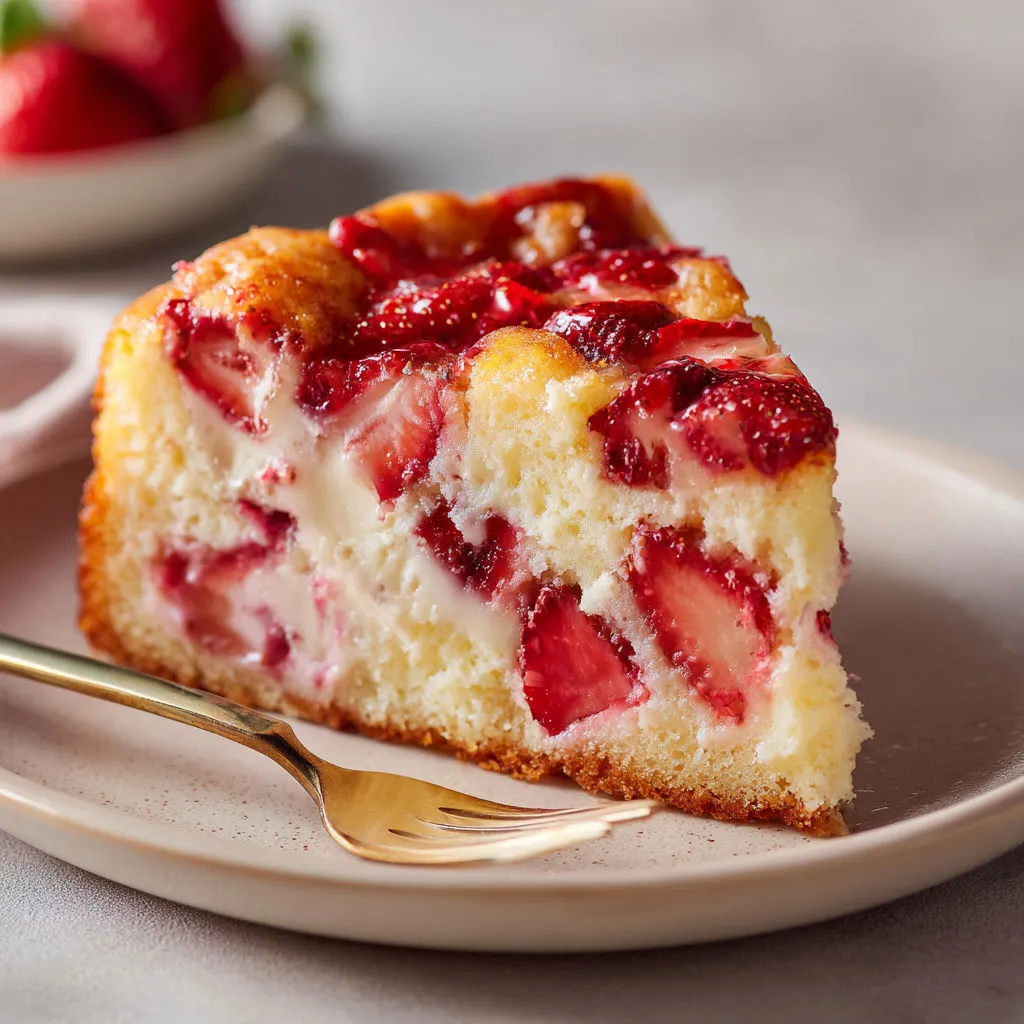 Part de gâteau tendre aux fraises posé sur une assiette avec une cuillère en métal argenté.