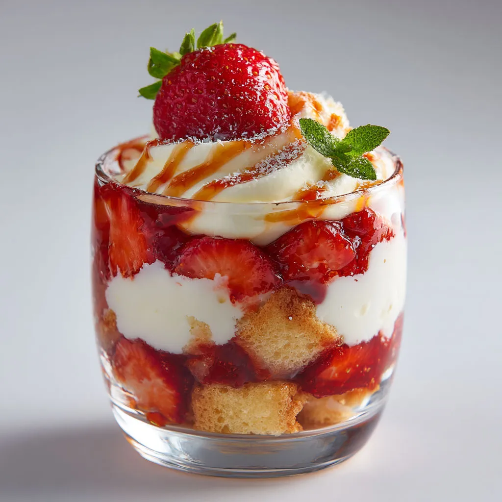 Une verrine fruitée et crémeuse alliant fraises et mascarpone, parfumée au vinaigre balsamique.