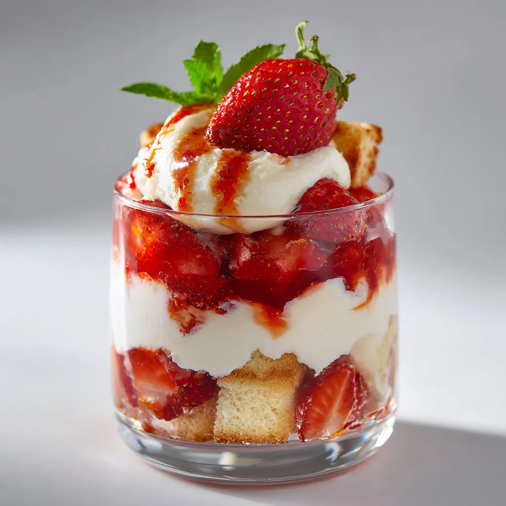 Dessert en verrine fraises et crème mascarpone, alliance parfaite entre douceur et acidité.