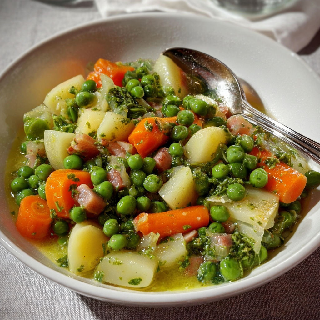 Légumes tendres à la laitue avec carottes et petits pois mijotés dans un bouillon doux.