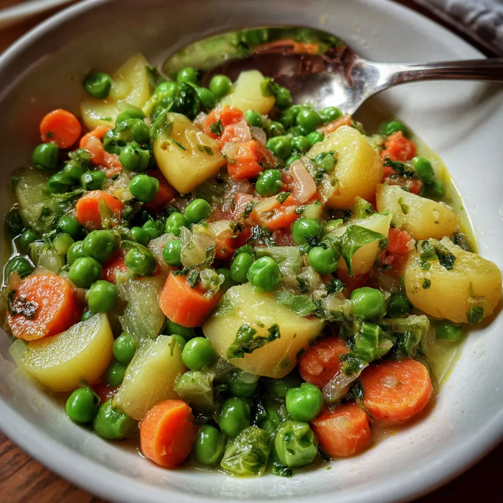 Poêlée simple de carottes, petits pois et laitue cuits au bouillon, vue rustique et garnie de persil frais.