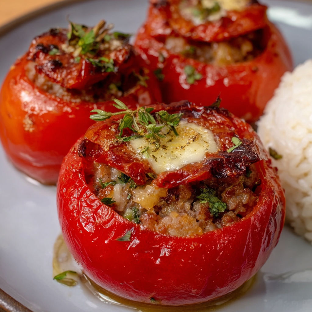 Tomates farcies gratinées avec viande et oignons confits.