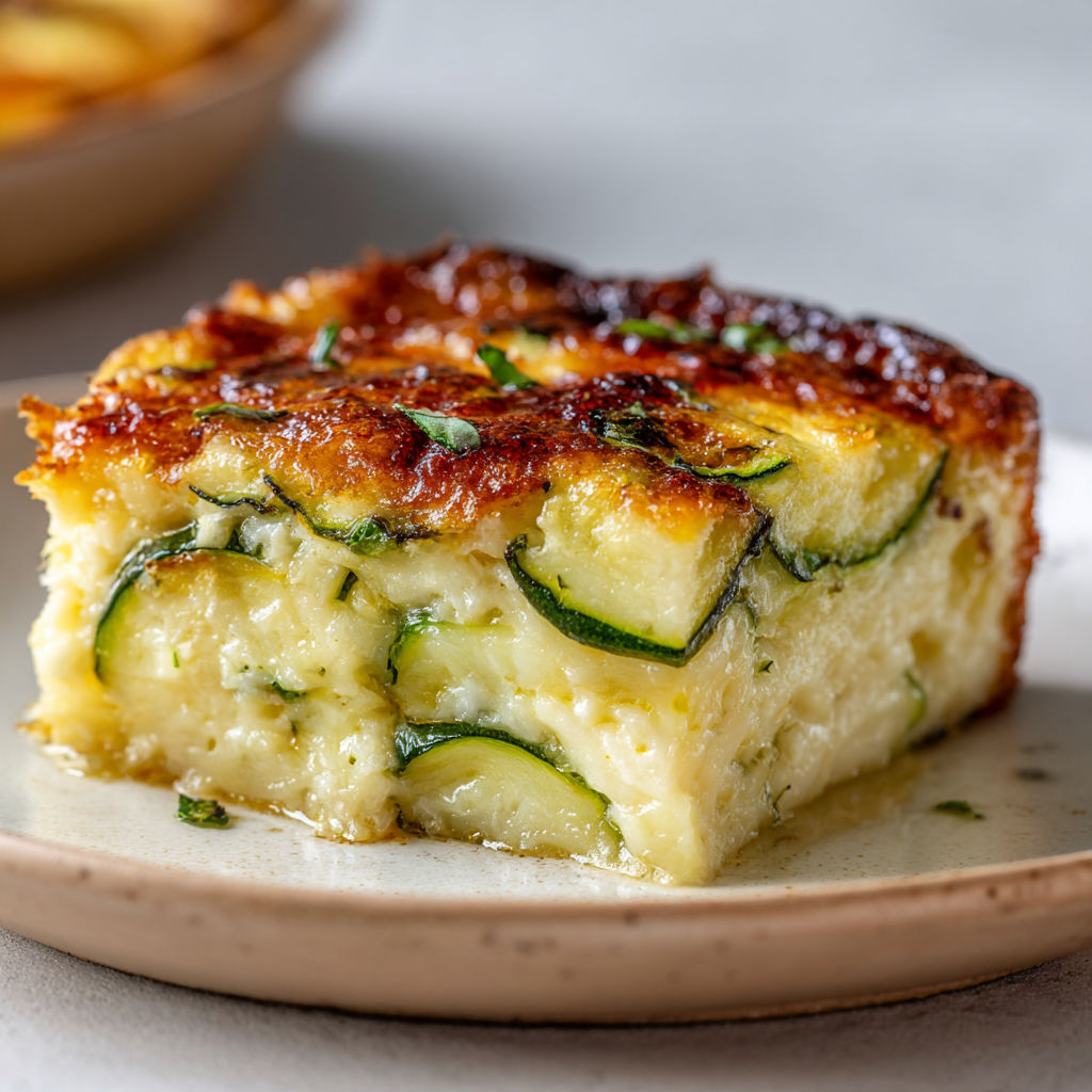 Un plat de courgettes avec fromage posé sur une assiette en céramique.