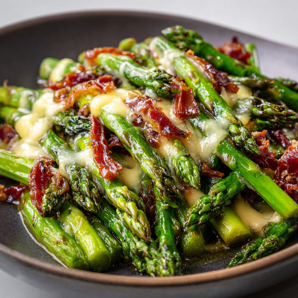 Des asperges sautées avec de la coppa et du fromage dans une poêle, prêtes à être dégustées.