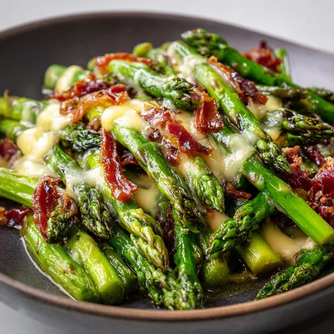 Des asperges sautées avec de la coppa et du fromage dans une poêle, prêtes à être dégustées.