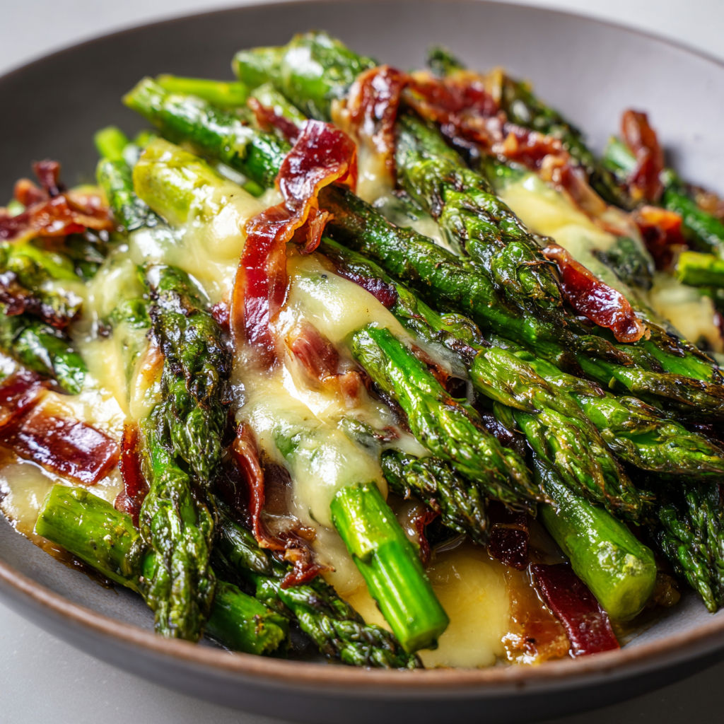 Asperges vertes poêlées et coppa croustillante, le tout avec du parmesan et une touche de vinaigre balsamique.