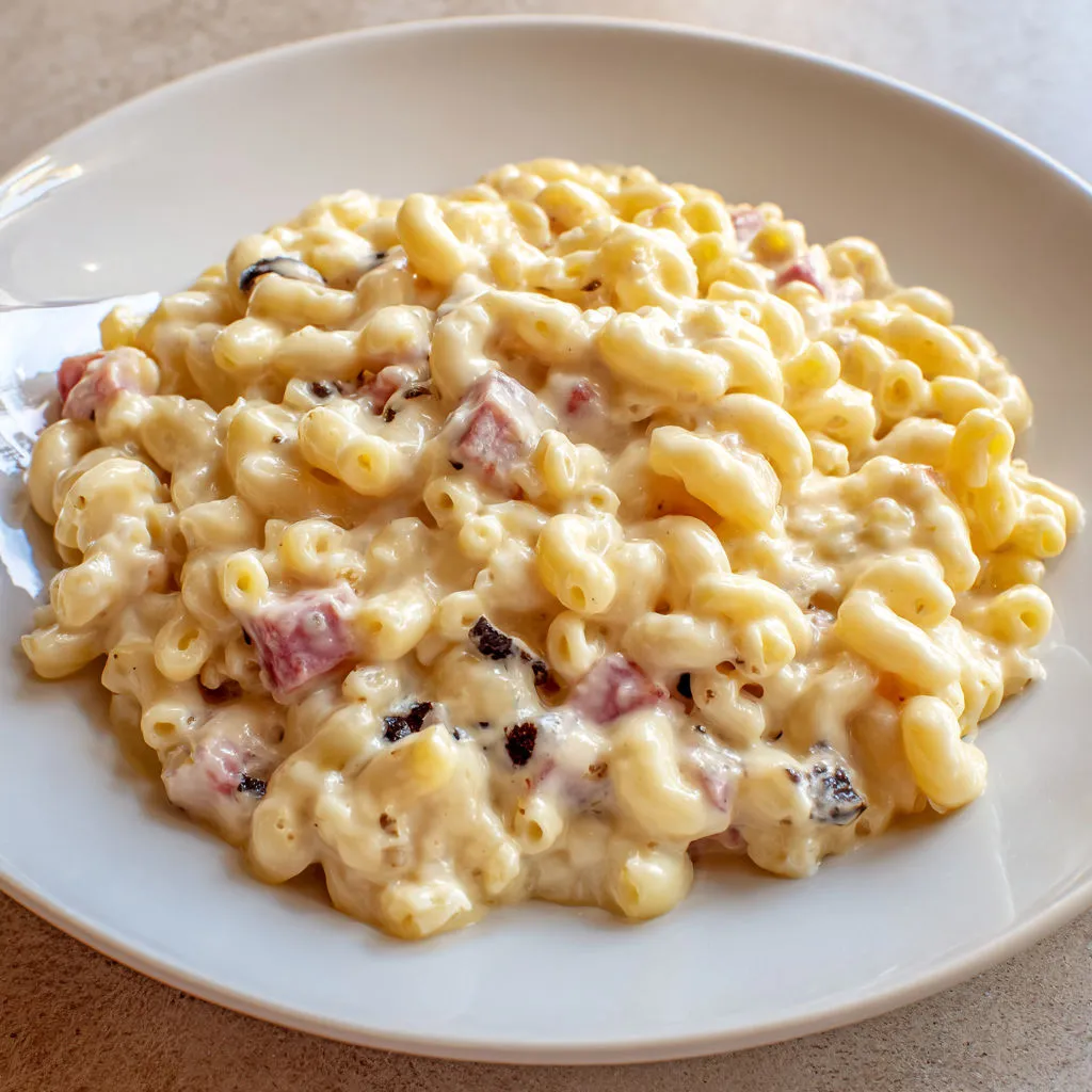 Un plat de pâtes aux fromages et truffes présenté sur une assiette.