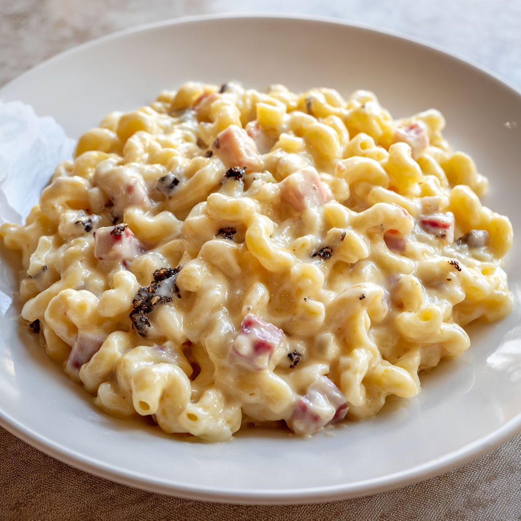 Risotto crémeux de coquillettes à la truffe et fromage fondant.