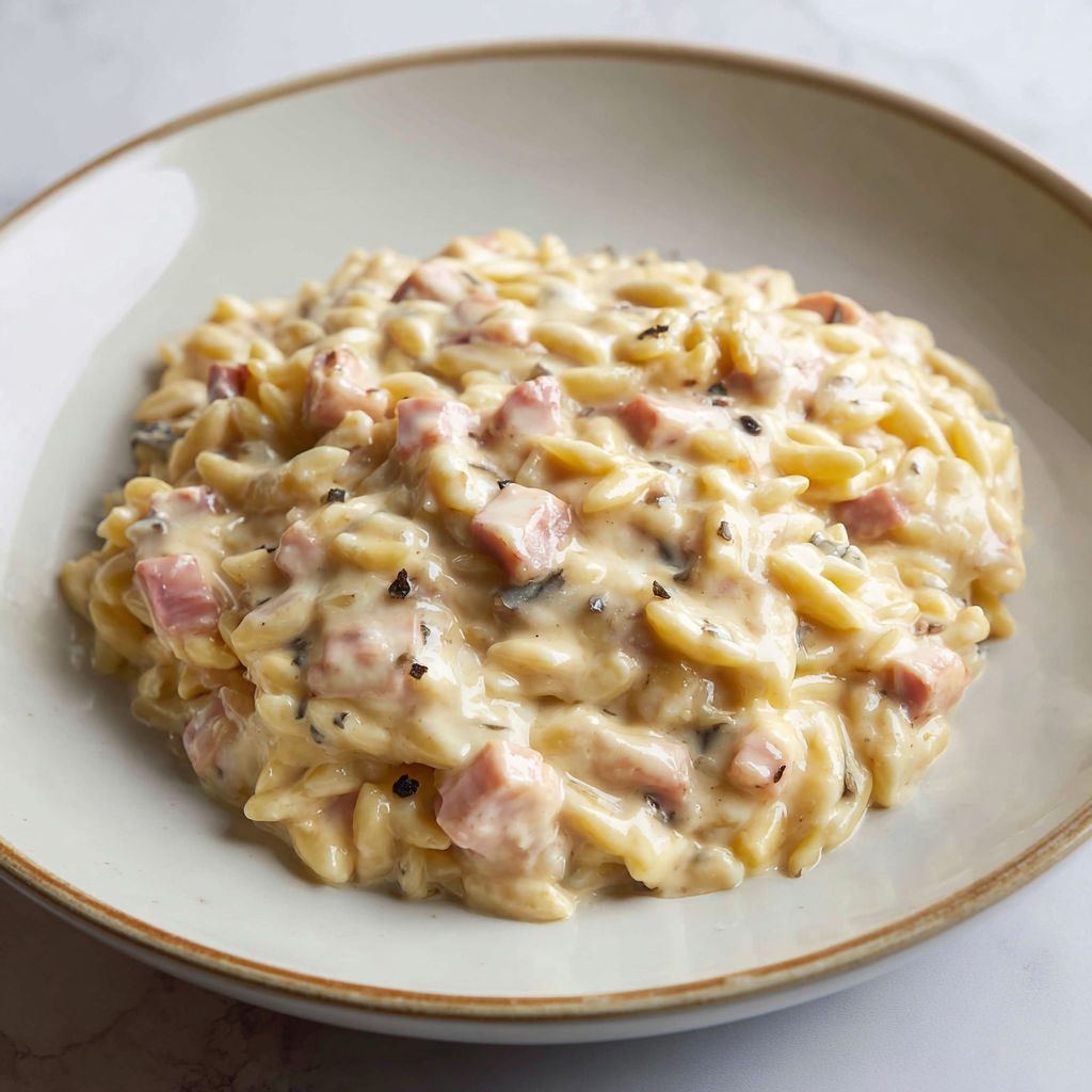 Coquillettes fondantes à la crème, truffe et dés de jambon.