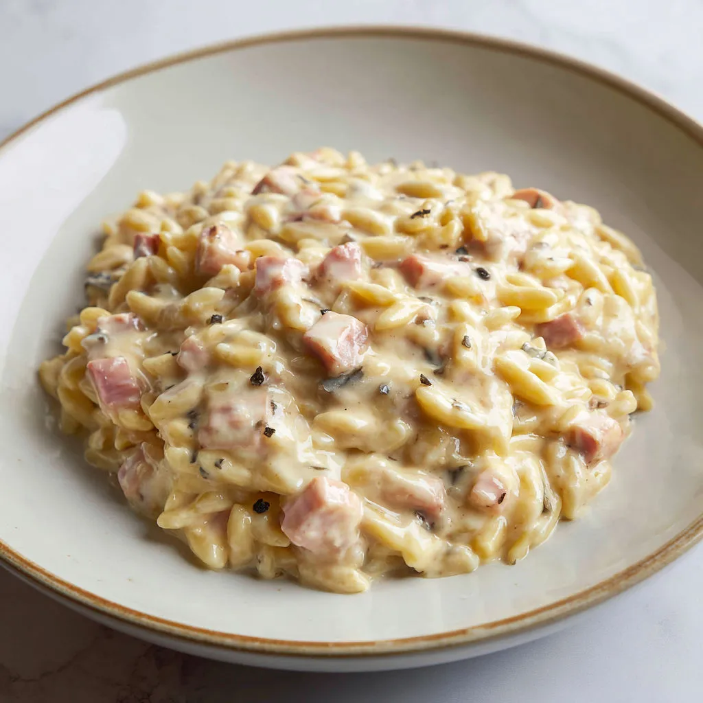 Coquillettes fondantes à la crème, truffe et dés de jambon.