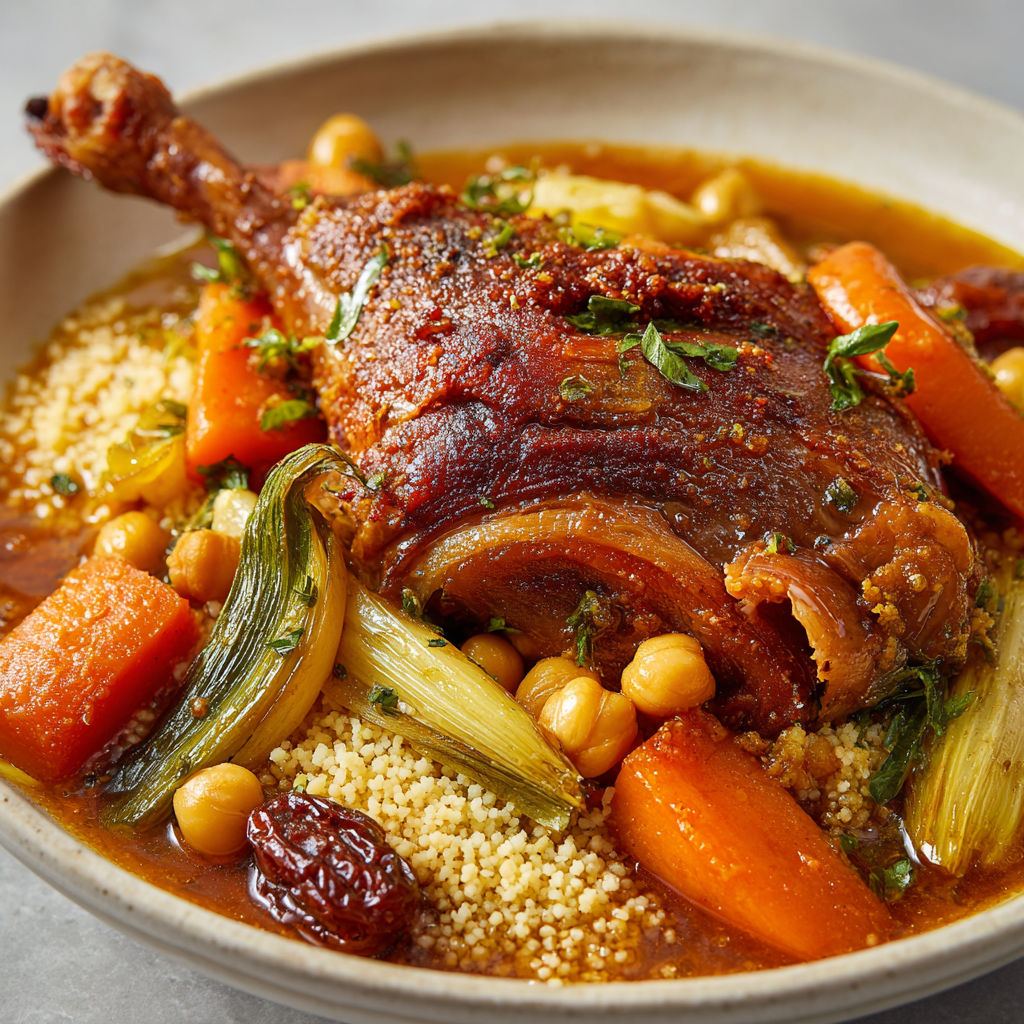 Une cuisse de dinde mijotée avec des légumes savoureux et quelques grains de semoule.