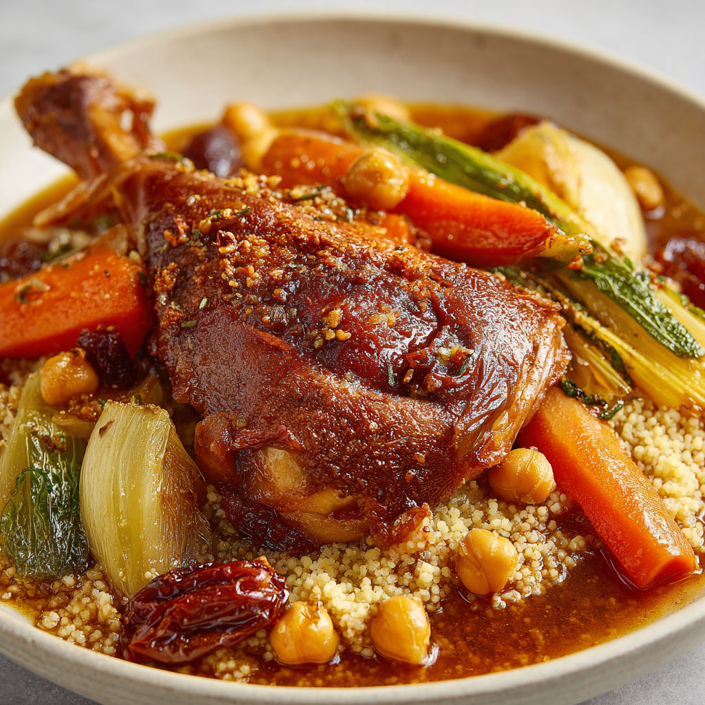 Cuisse de dinde façon couscous, plat généreux aux saveurs d’ailleurs et légumes tendres.