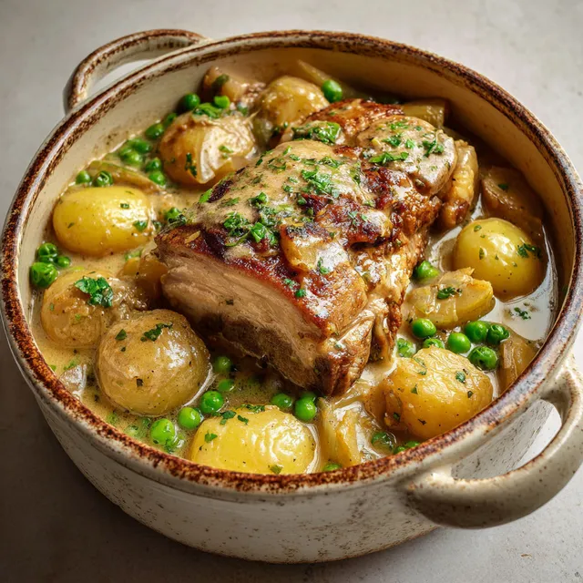 Délicieux plat de porc mijoté aux pommes et pois verts, servi généreusement.