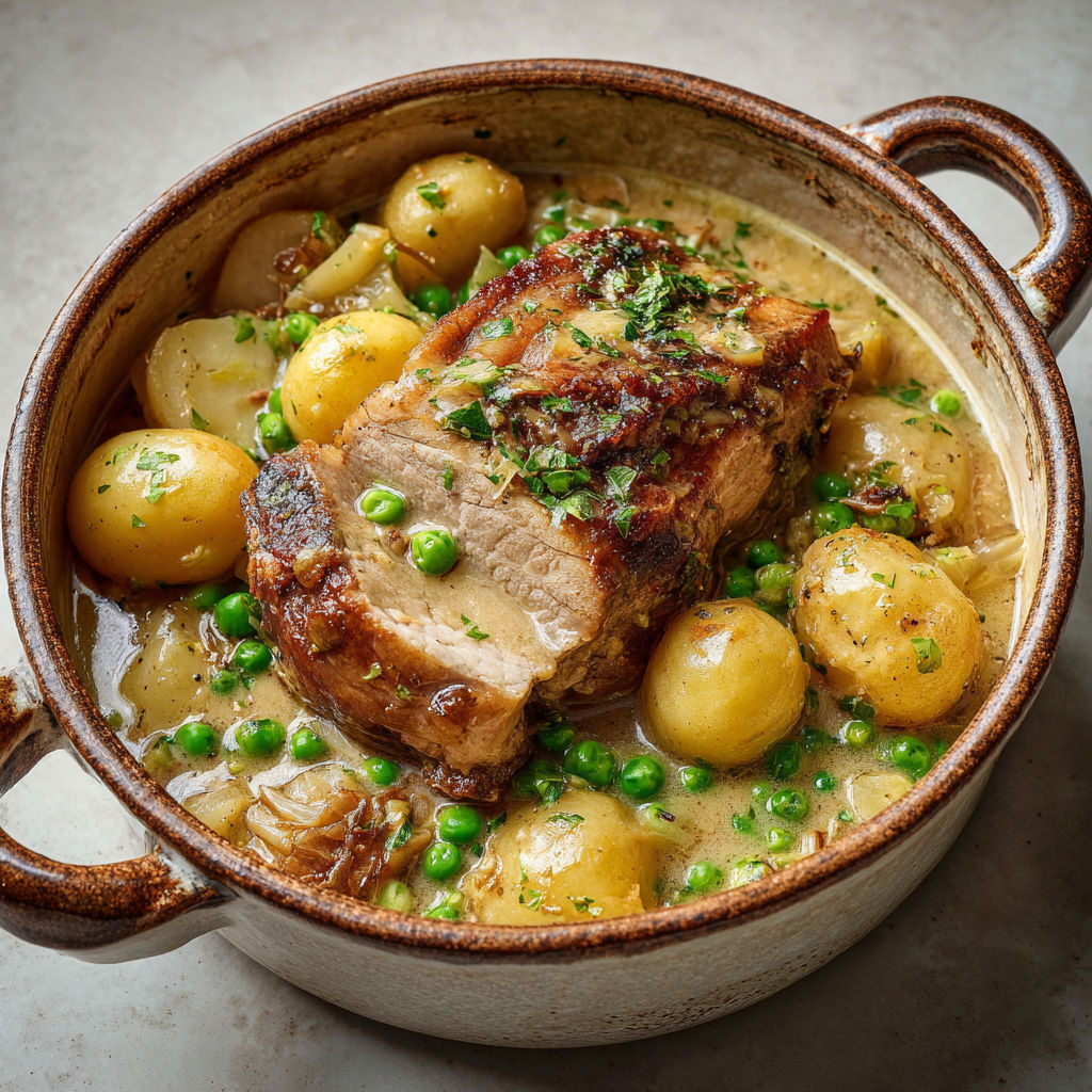 Porc mijoté pommes et petits pois dans une sauce au cidre et crème.