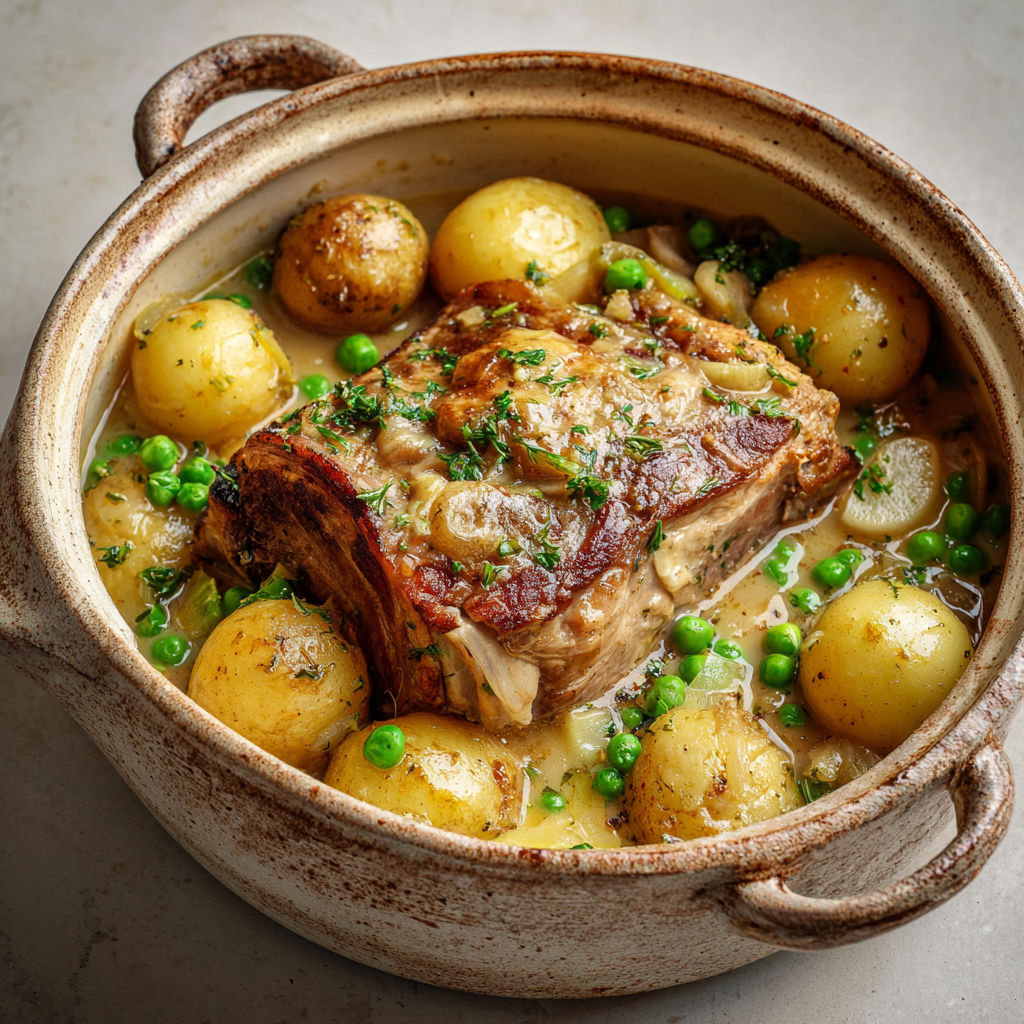 Porc fondant cidre, pommes Granny Smith, patates et petits pois, un plat sucré-salé tout doux.