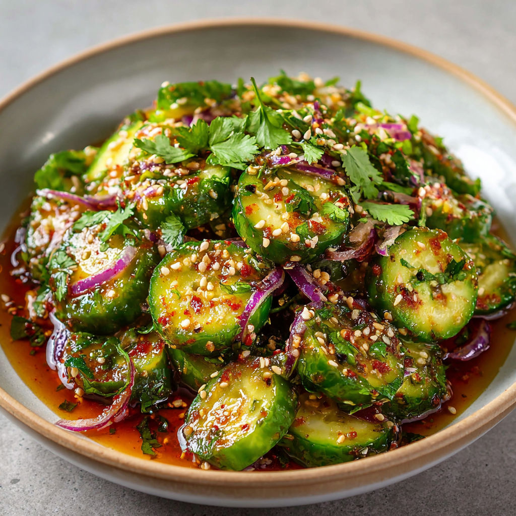Salade croquante de concombre parfumée gochujang, sauce soja, sésame et citron vert.