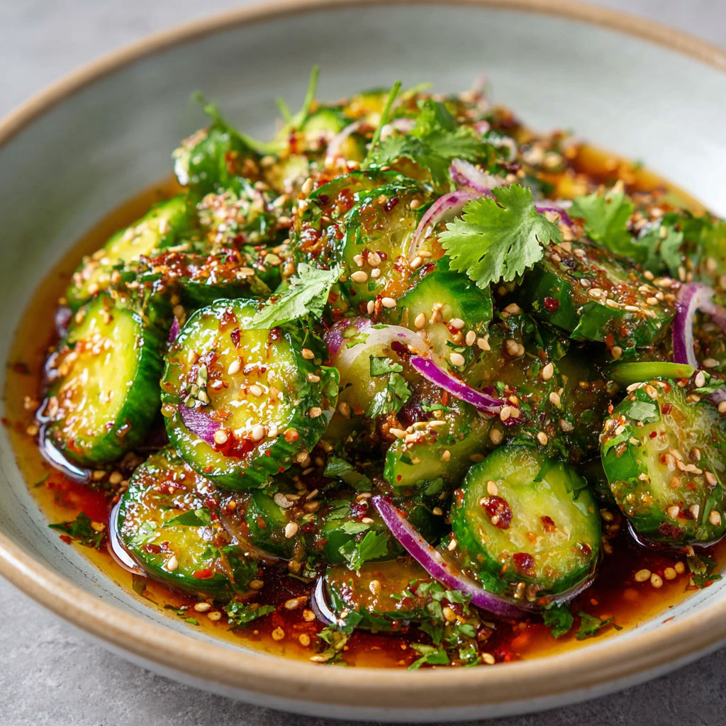 Concombres à la coréenne avec oignon rouge et coriandre, relevés au citron vert pour une explosion de fraîcheur.