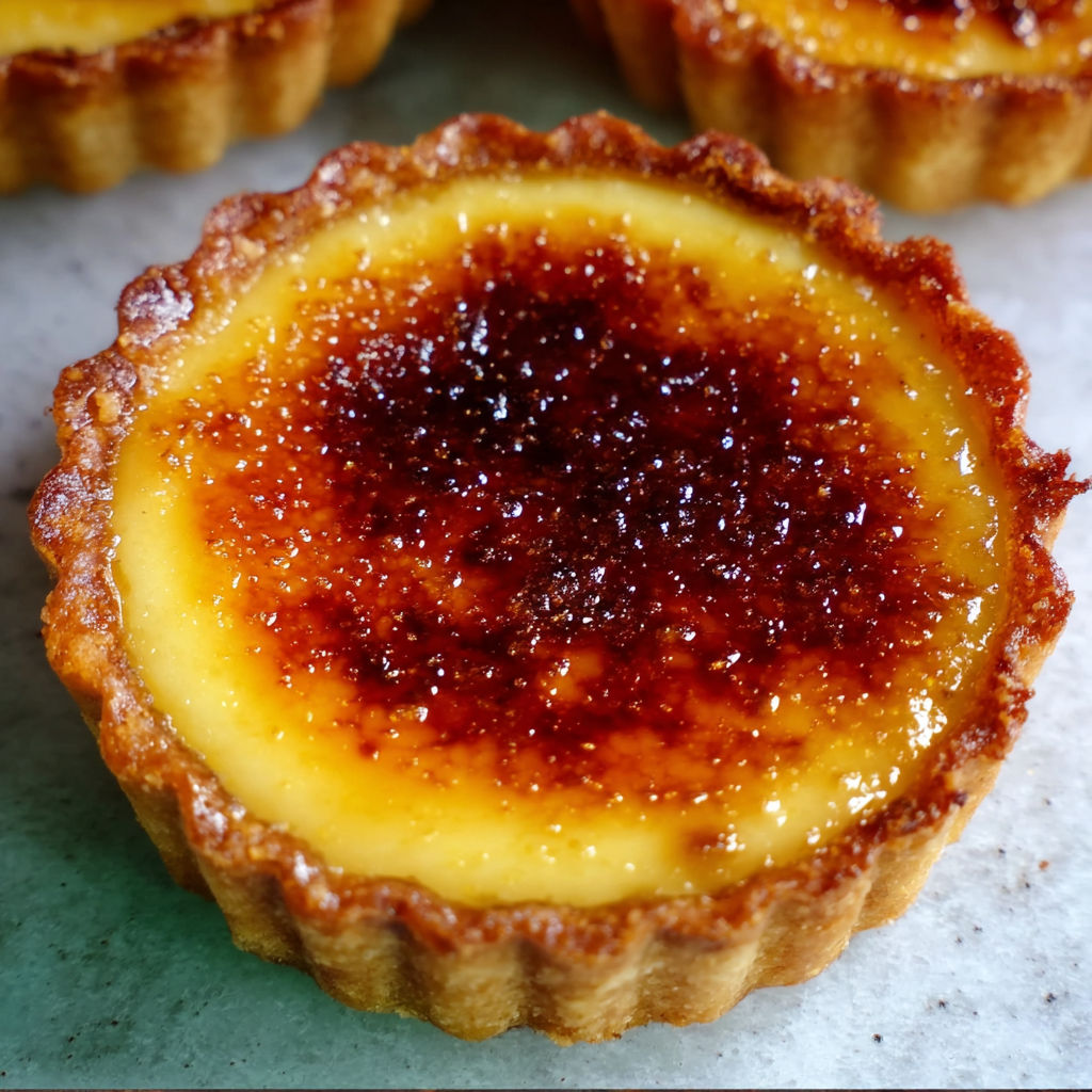 Petites tartelettes crème brûlée dorées avec une croûte caramélisée parfaitement brillante.