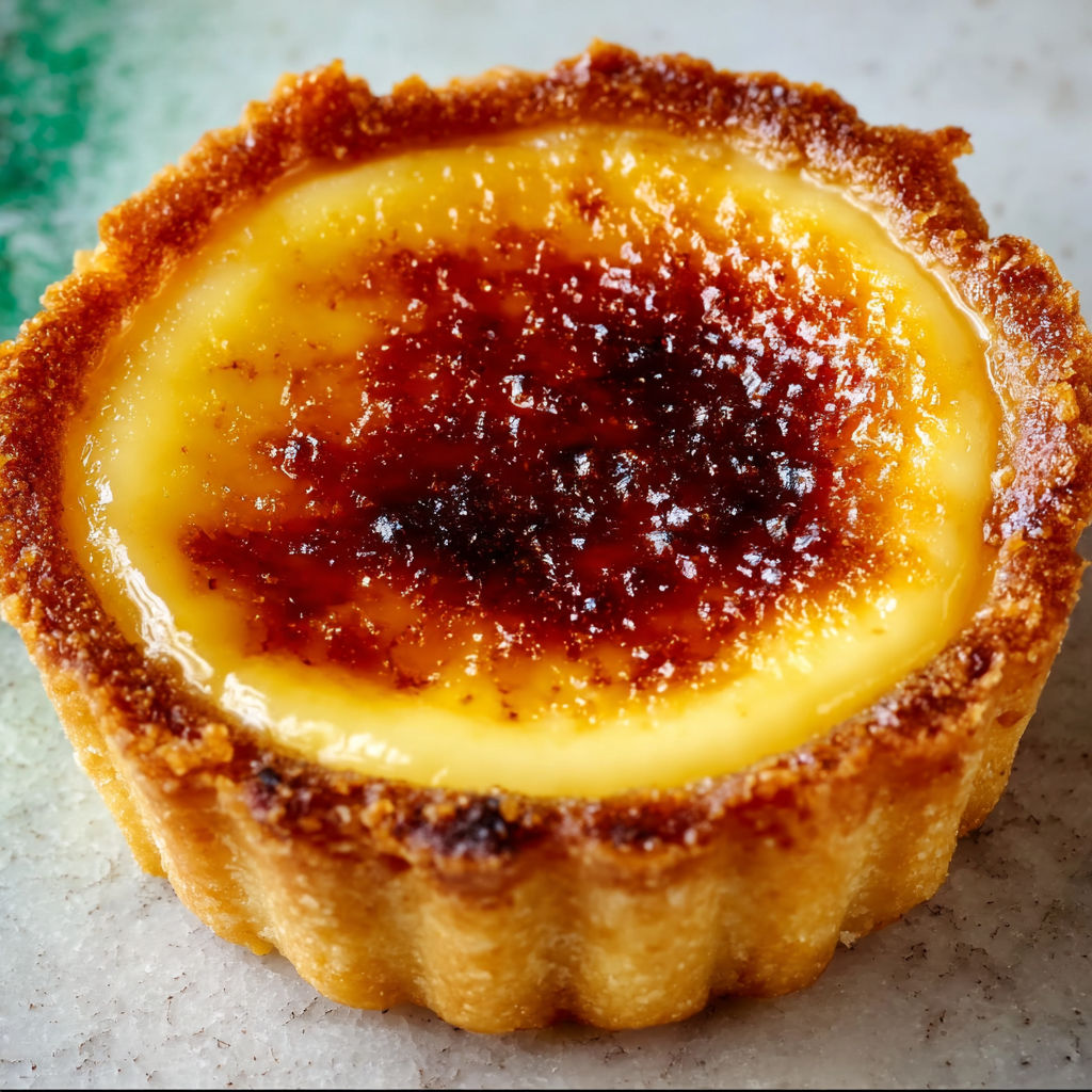 Tartelettes façon crème brûlée avec pâte croquante et crème vanille fondante, le dessus bien caramélisé.
