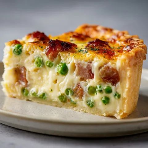Une tarte généreuse garnie de petits pois et de lard fumé servie sur un plateau.