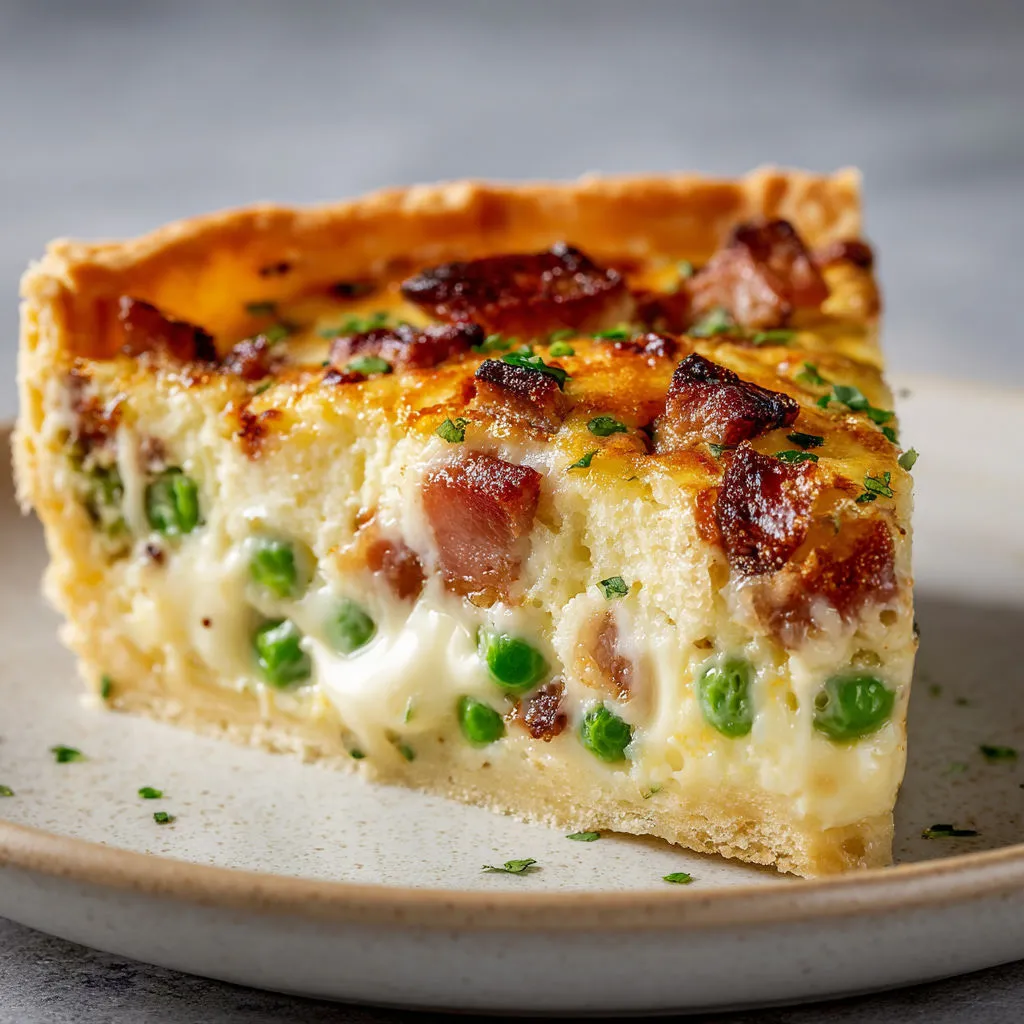 Tarte salée généreuse aux petits pois et lard fumé, goût crémeux et rustique.